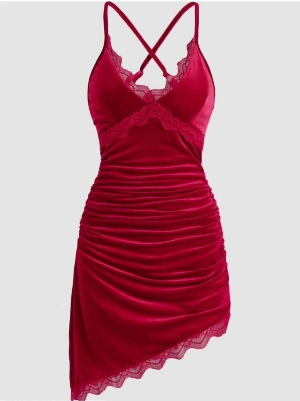 Cider Lace-Trim Ruched Mini Dress - Crimson - Picture 1 of 3